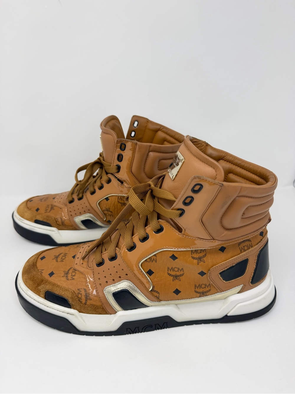 MCM Tan Cognac Visetos Logo High-Top Sneakers